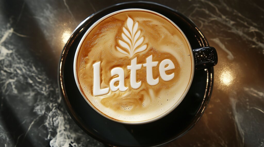 Latte Art mit Schaum, Schriftzug „Latte“ – Kaffeegenuss
