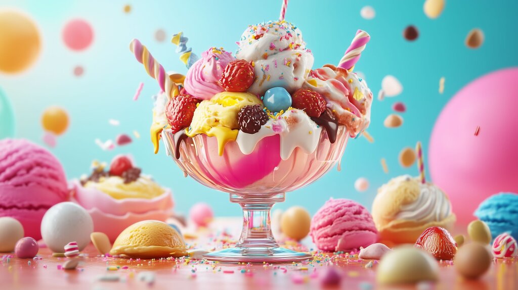 Farbenfrohes Eisbecher mit Toppings und Streuseln