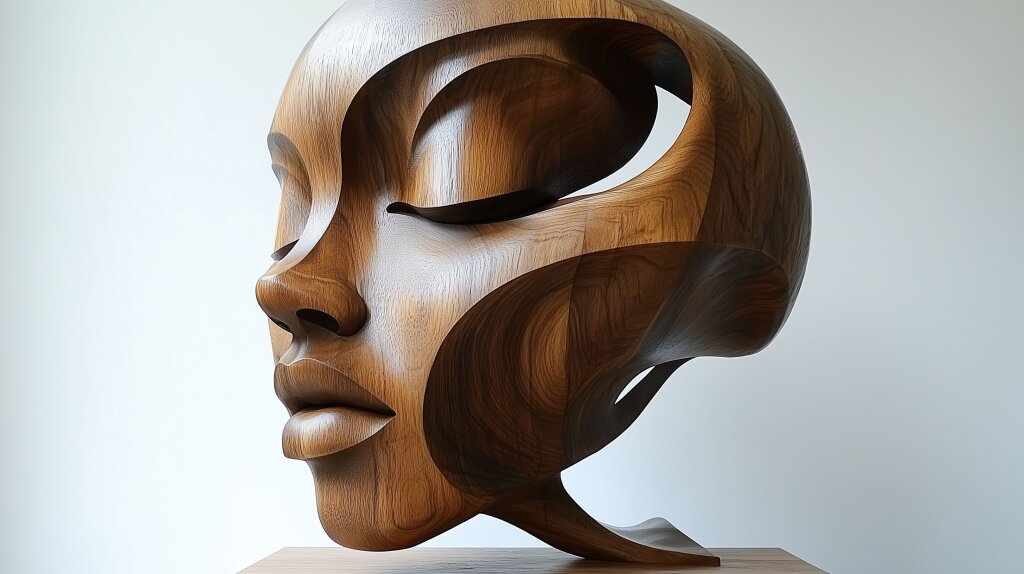 Holzskulptur eines Frauengesichts