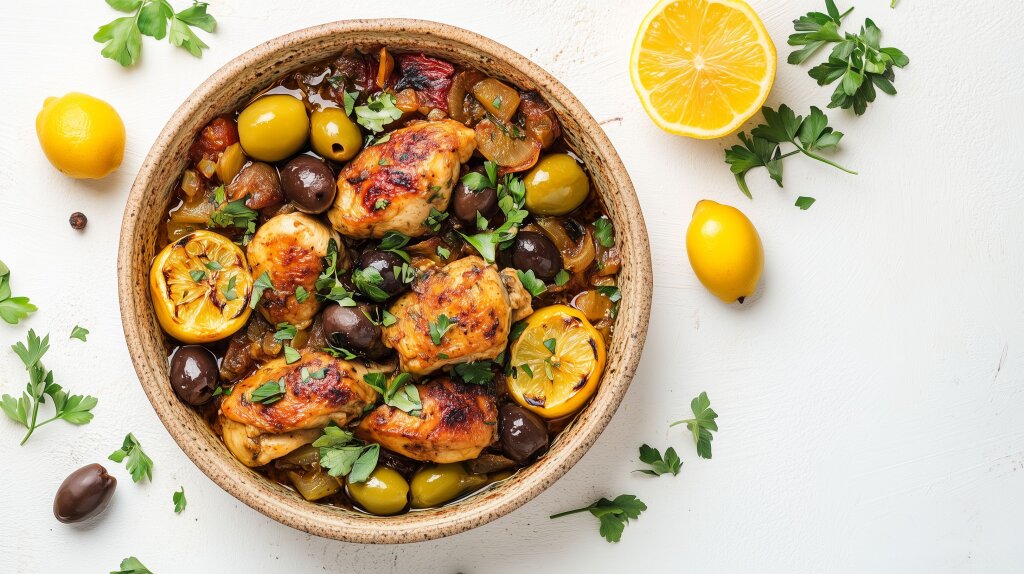 Tajine mit Huhn, Oliven und eingelegten Zitronen in rustikaler Schale