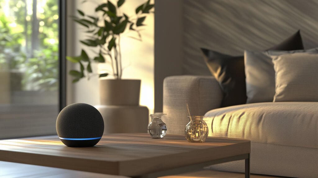 Modernes Smart-Home-Setup mit Sprachassistent im Wohnzimmer