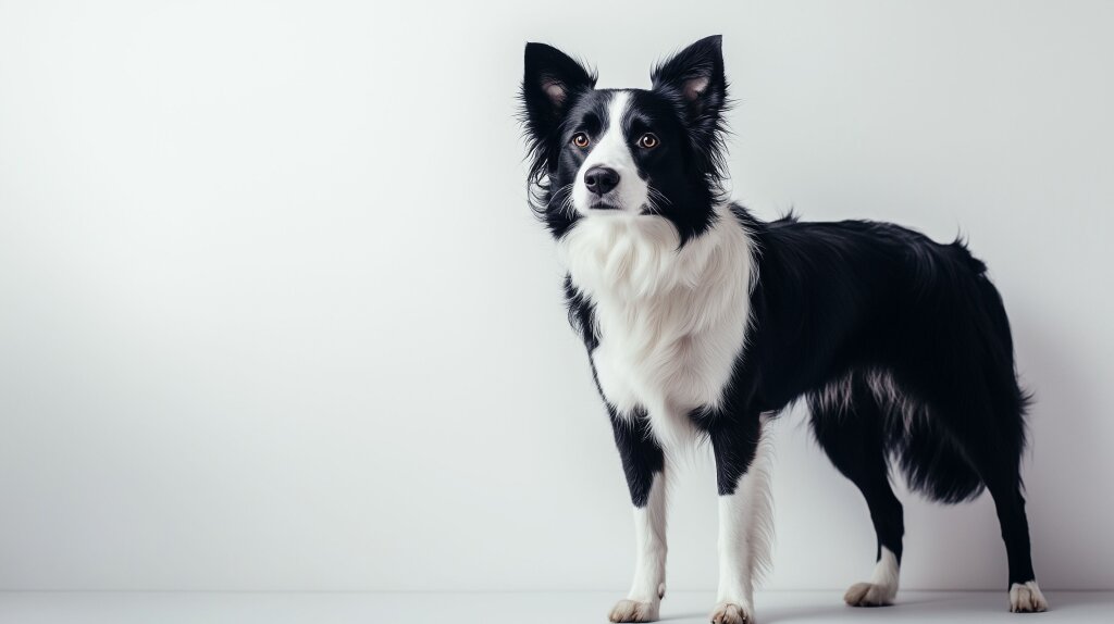 Border Collie stehend auf weißem Hintergrund, aufmerksam