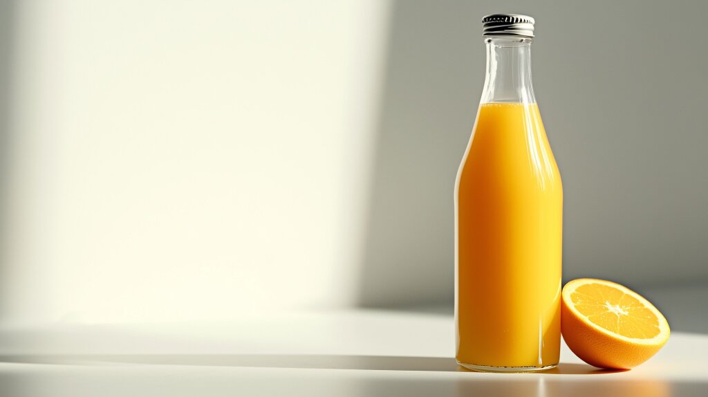 Orangensaftflasche auf weißem Hintergrund mit Sonnenstrahlen