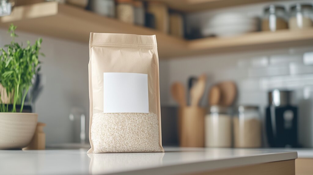Reis-Verpackung mit Label zur Beschriftung in moderner Küche