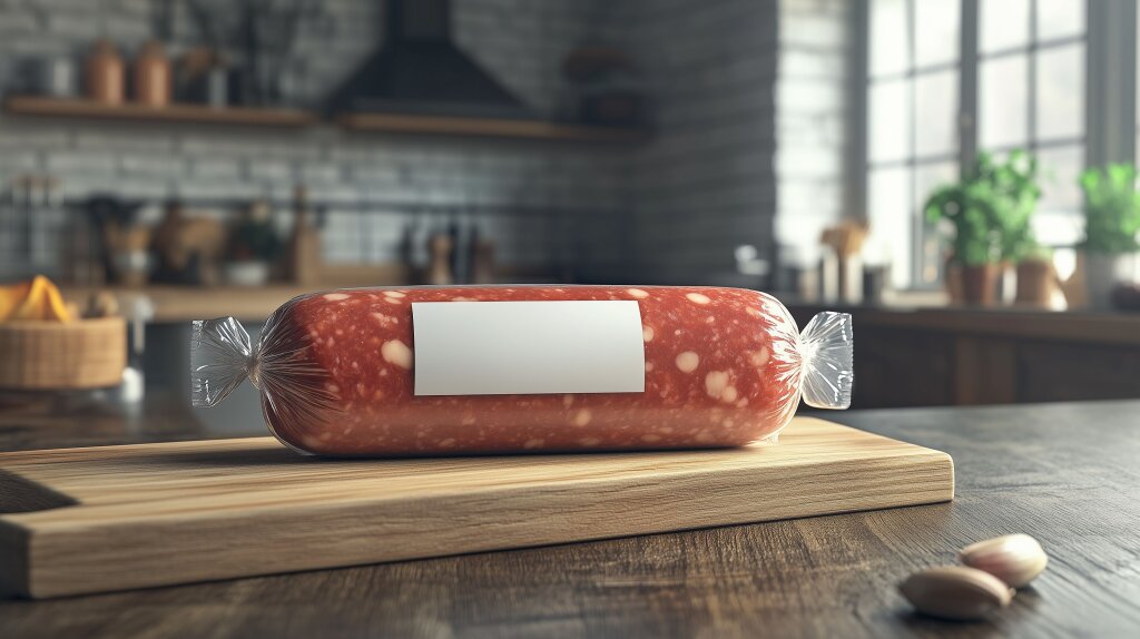 Wurstverpackung mit Label zur Beschriftung auf Holzbrett in gemütlicher Küche