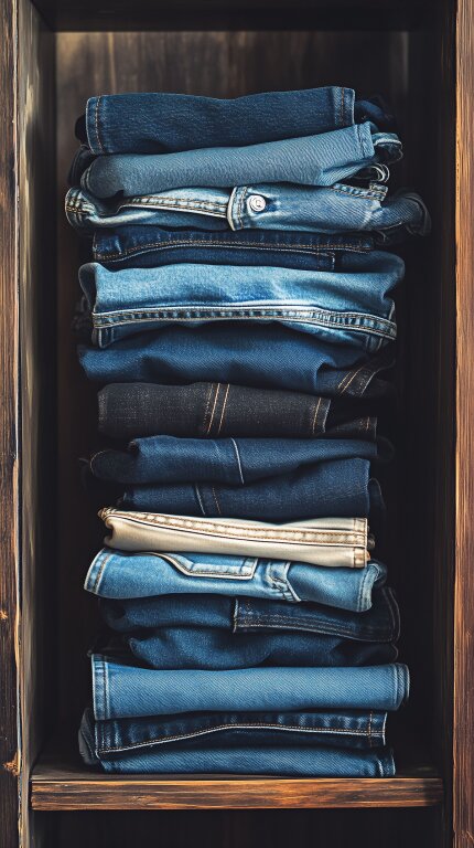 Gestapelte Jeans auf einem Holzregal
