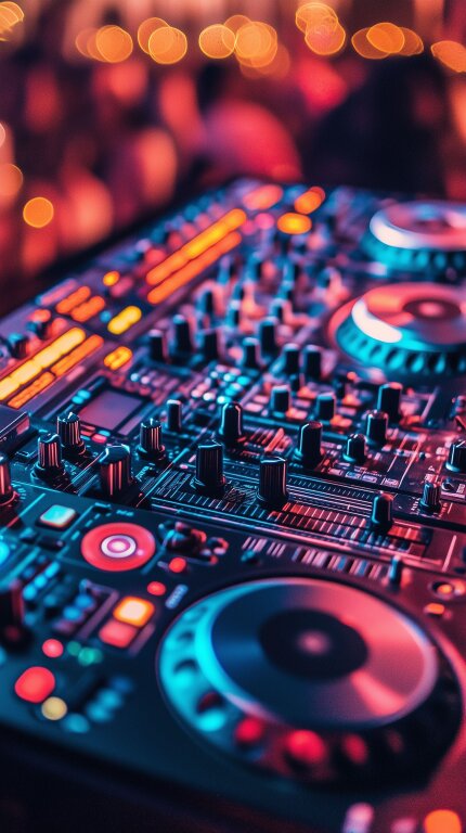 DJ-Equipment mit lebendiger Clubbeleuchtung im Fokus