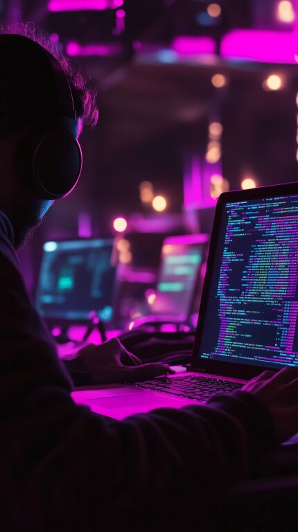 Hacker bei der Arbeit mit Laptop und Bildschirmen