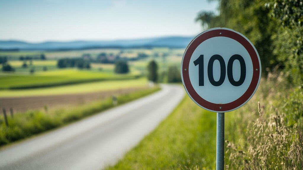 Geschwindigkeitsschild 100 km/h in ländlicher Landschaft
