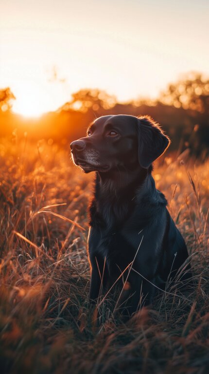 Schwarzer Labrador bei Sonnenuntergang auf Feld