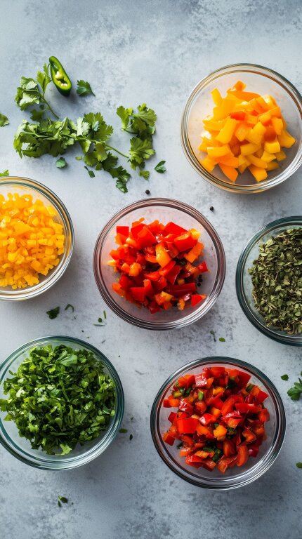 Frisch gehackte Kräuter und Paprika in einer Küche arrangiert