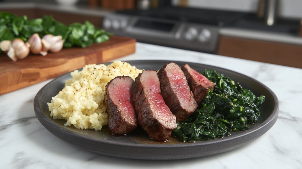 Saftiges Steak mit Spinat und Reis – Perfektes Dinner in moderner Küche