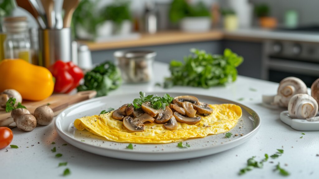 Gesundes Pilzomelett mit frischen Kräutern in einer modernen Küche serviert