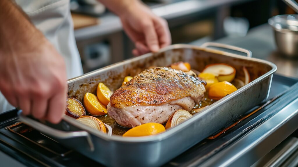 Gebratene Entenbrust mit Orangen und Zwiebeln im Backofen