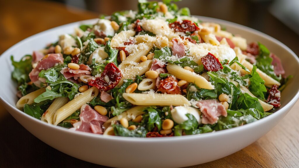 Italienischer Nudelsalat mit Rucola, getrockneten Tomaten und Pinienkernen