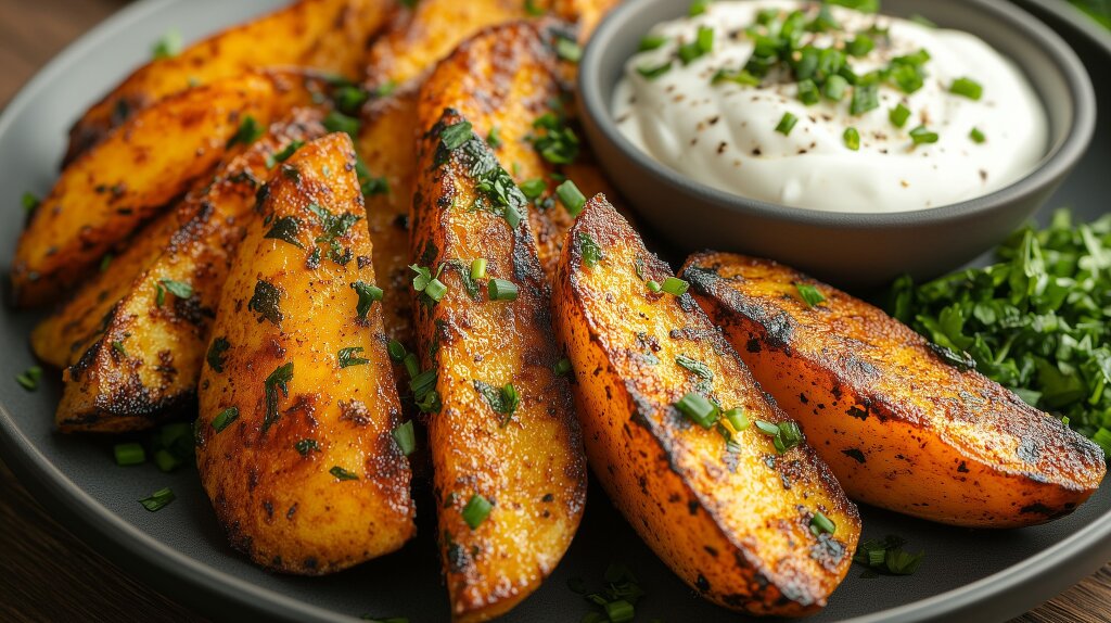Curry-Kartoffel-Wedges mit Kräuterdip und frischen Kräutern