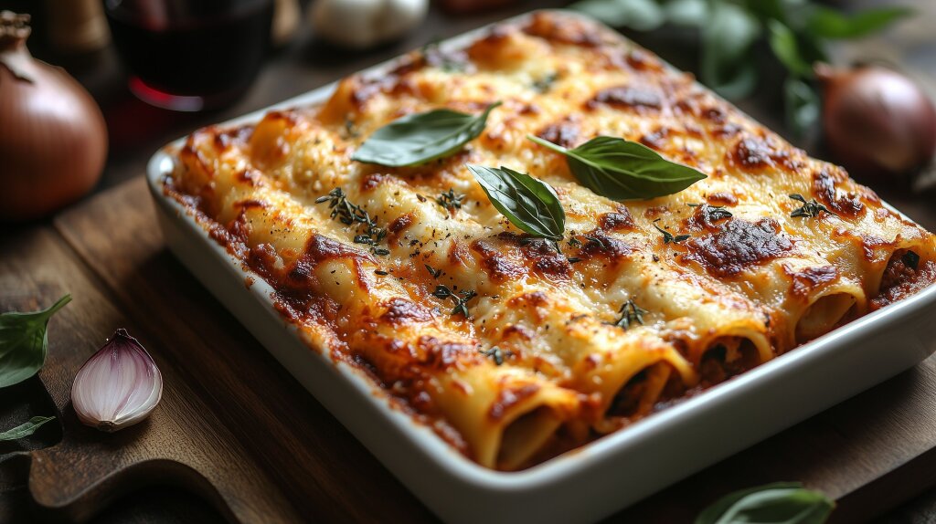 Italienische Cannelloni mit Käse und frischen Kräutern im Ofen gebacken