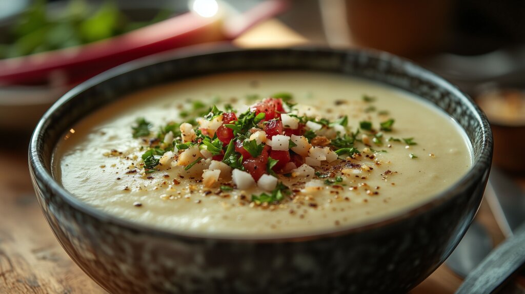 Cremige Blumenkohlsuppe mit knackigen Toppings serviert in einer modernen Schüssel