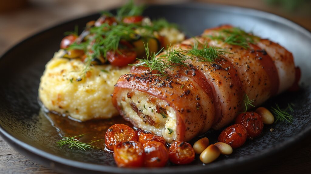 Hähnchen-Involtini mit würziger Füllung, umhüllt von Speck und gerösteten Kirschtomaten