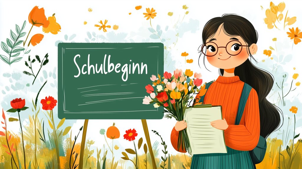 Illustration zum Schulbeginn mit Mädchen und Blumenstrauß