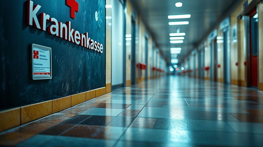 Lange Krankenhausflur mit Krankenkasse-Beschilderung