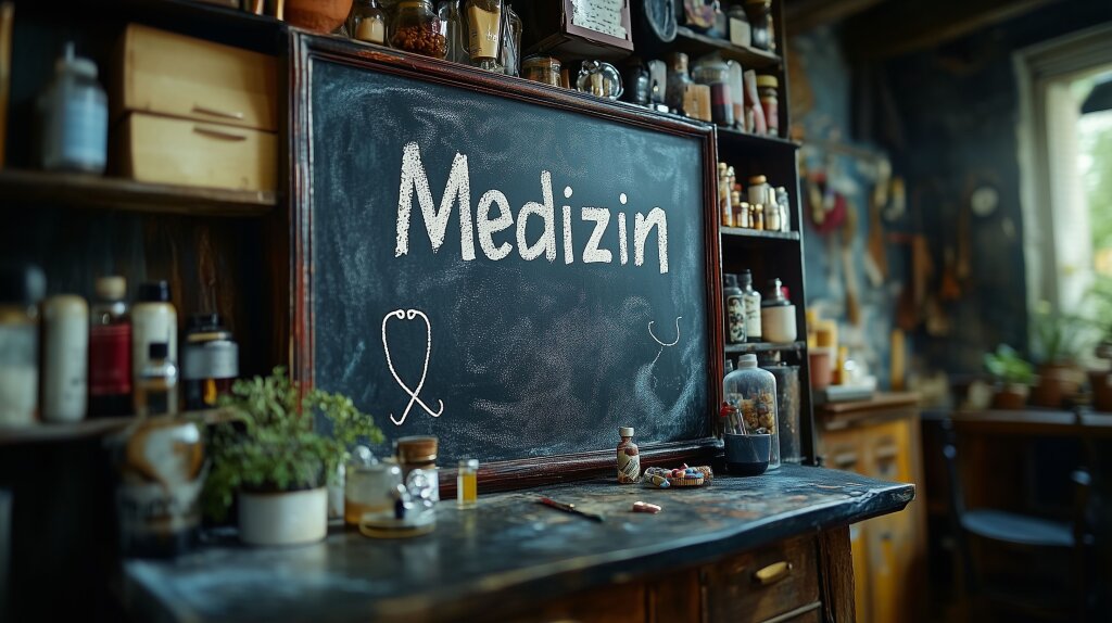 Medizin Tafel mit Stethoskop-Symbol in traditioneller Apotheke