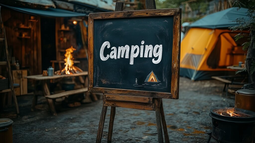Campingplatz mit Lagerfeuer und Kreidetafel im rustikalen Stil