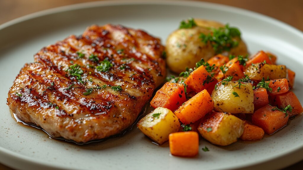 Perfekt gegartes Schweineschnitzel mit Beilagen