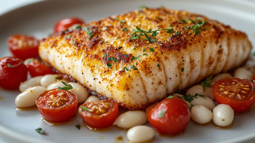 Gebackener Kabeljau mit Tomaten und weißen Bohnen