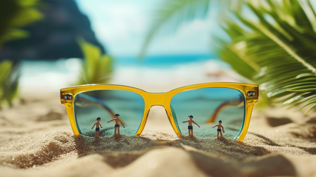 Sommerliche Sonnenbrille am Strand mit Miniaturfiguren im Sand