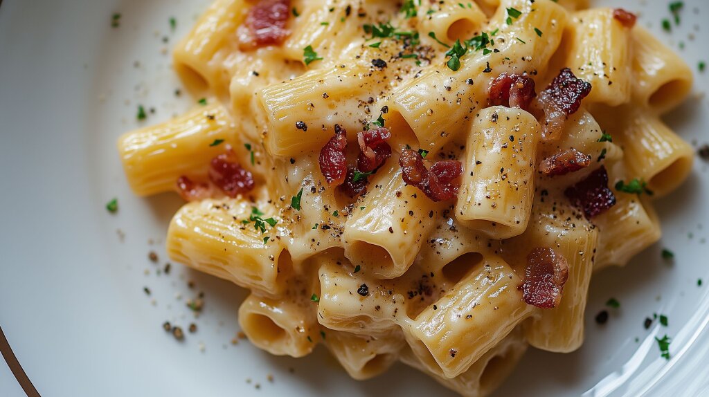Cremige Rigatoni Carbonara mit knusprigem Speck und Sahnesauce