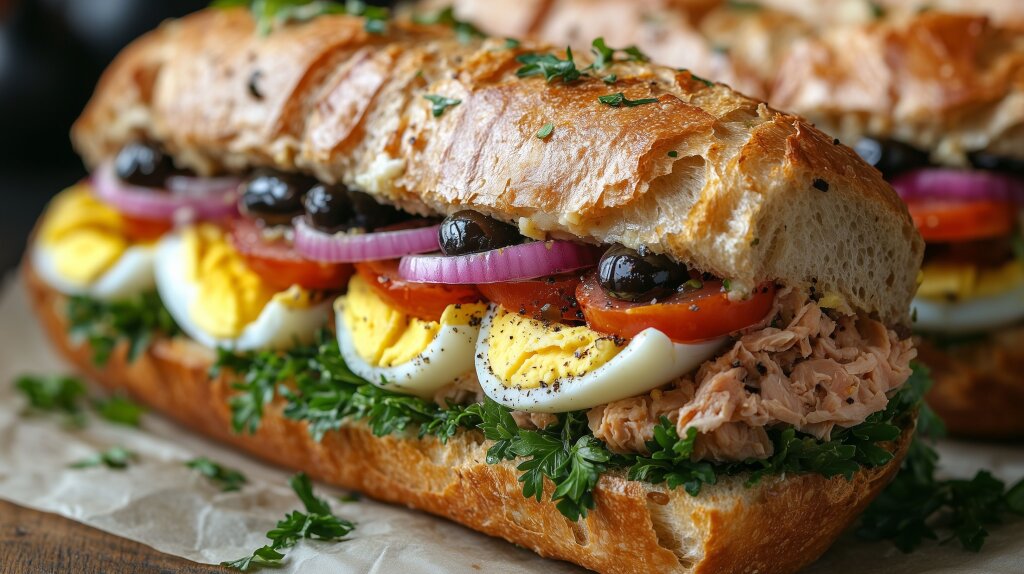 Pan Bagnat Sandwich mit frischen Eiern und Gemüse