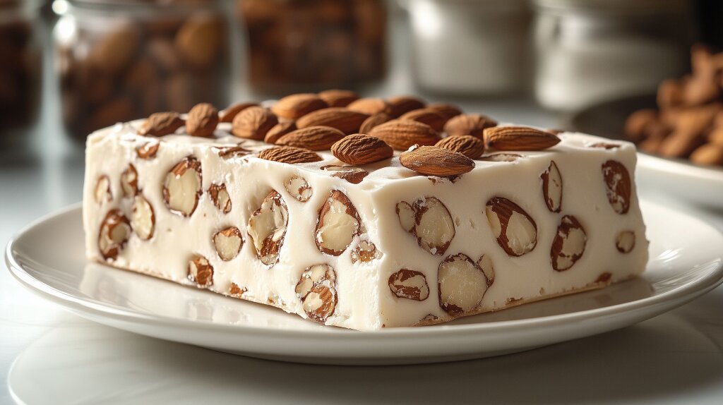 Torrone-Nougat auf einem weißen Teller mit Mandeln