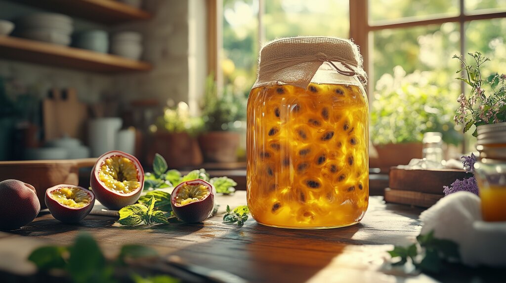 Hausgemachter Kombucha-Eistee mit frischer Passionsfrucht