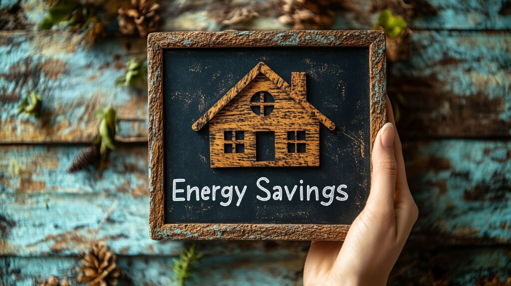 Kreidetafel mit "Energy Savings" und handgezeichnetem Holzhaus