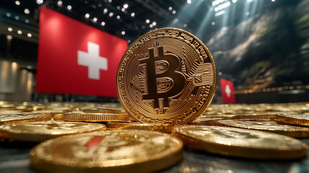 Bitcoin-Münze vor der Flagge der Schweiz