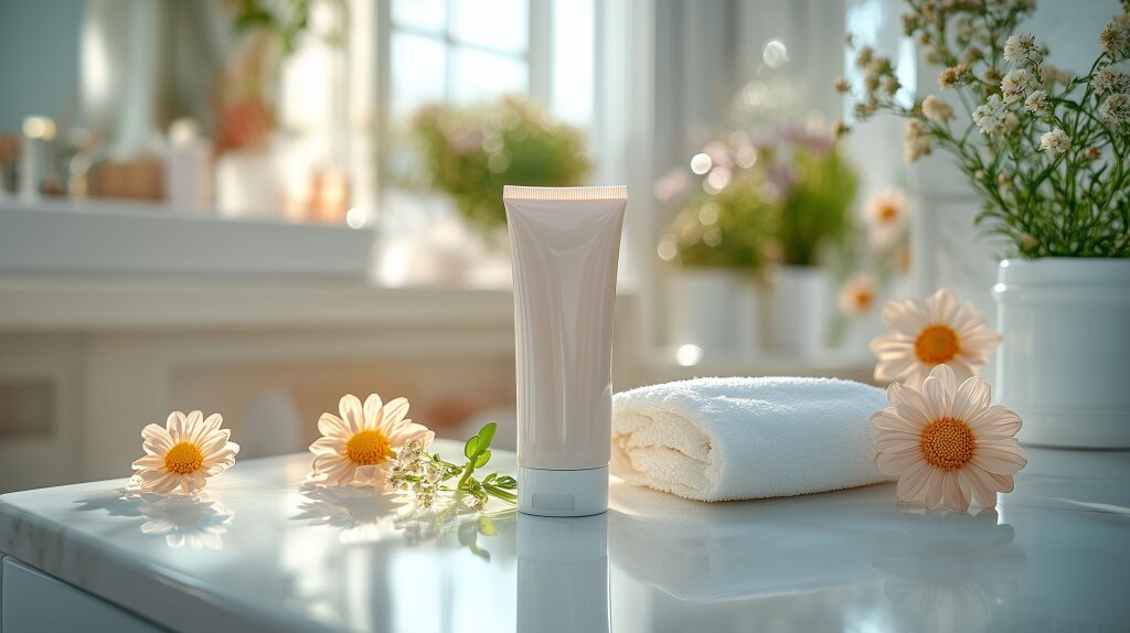 Tube mit Babycreme und weißen Blüten auf Marmortisch