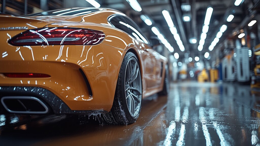 Orangefarbener Sportwagen in der Waschanlage