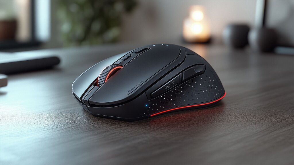 Ergonomische Gaming-Maus auf minimalistischem Schreibtisch mit Beleuchtung