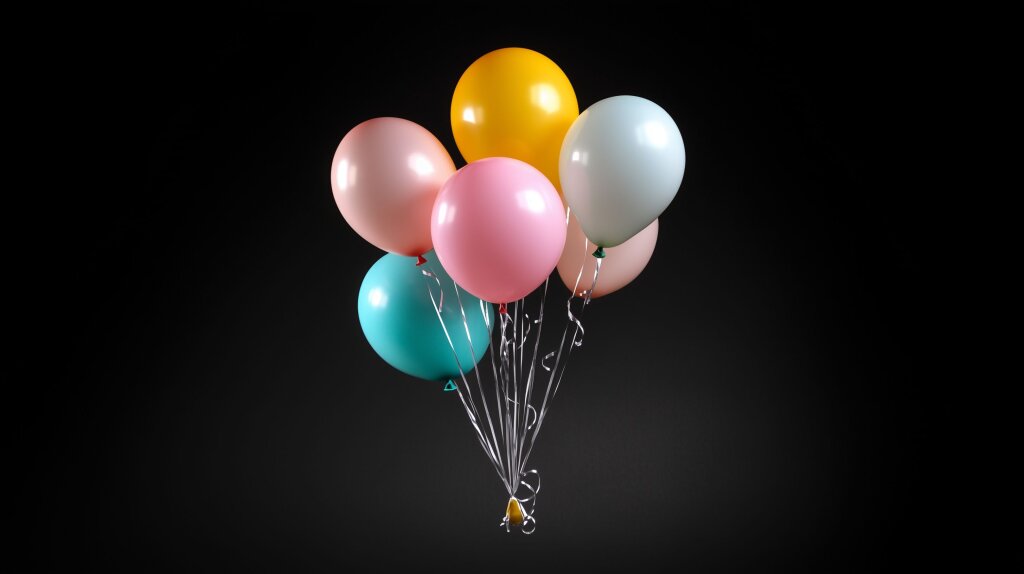 Bunte Luftballons vor schwarzem Hintergrund mit eleganten Pastelltönen