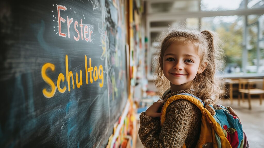 Erster Schultag: Fröhlicher Schulanfänger mit Rucksack vor einer Tafel