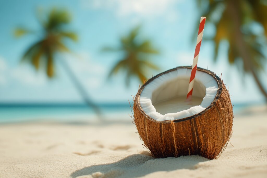 Getränk in einer Kokosnuss am Strand