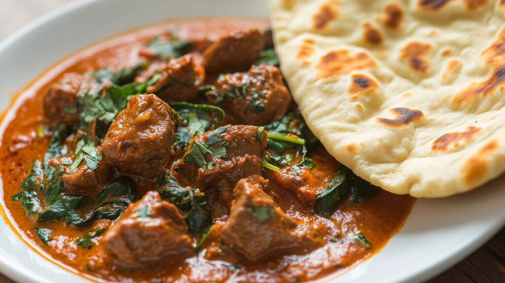 Lammcurry mit Spinat und Naan