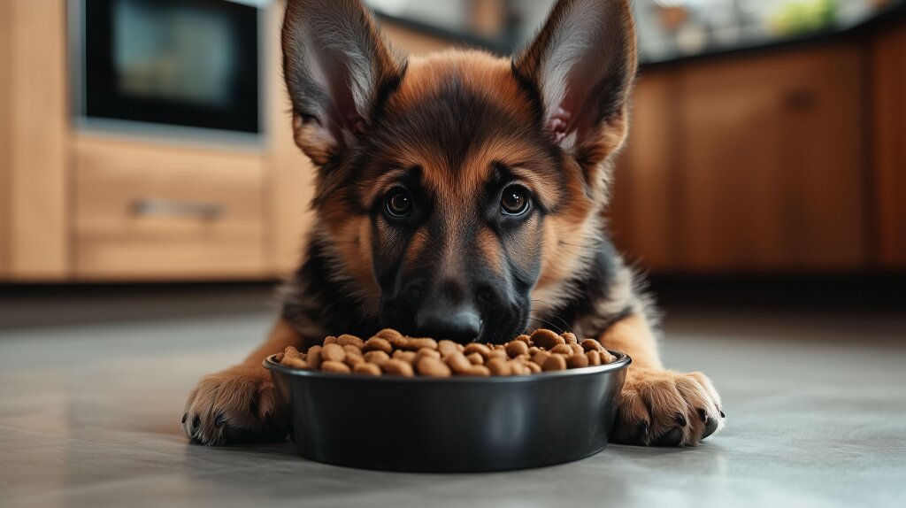 Deutscher Schäferhund Welpe beim Fressen aus einem Futternapf in der Küche