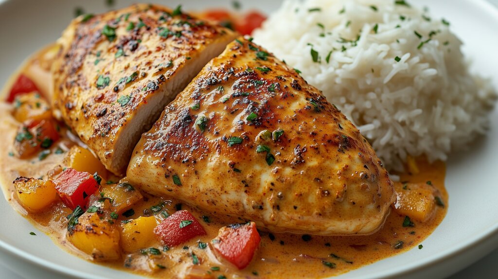 Perfekt gegartes Hähnchenbrustfilet mit cremiger Soße und Paprika