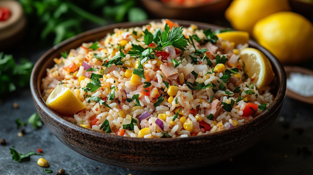 Mediterraner Reissalat mit Thunfisch und frischem Gemüse