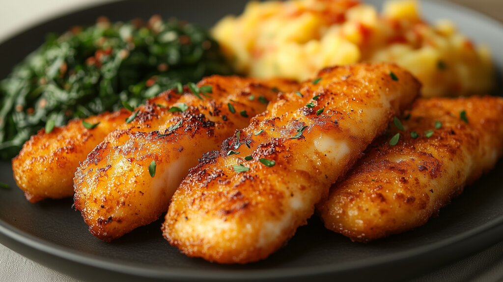 Knusprige Fischstäbchen mit Spinat und Kartoffelsalat