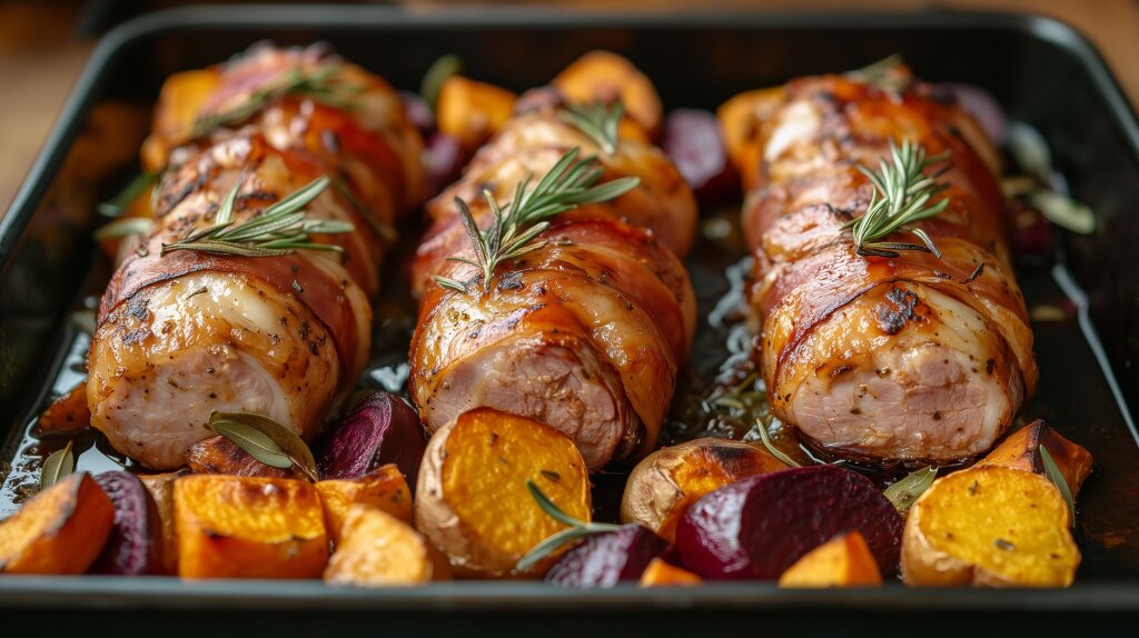 Schweinemedaillons im Parmaschinken mit geröstetem Gemüse