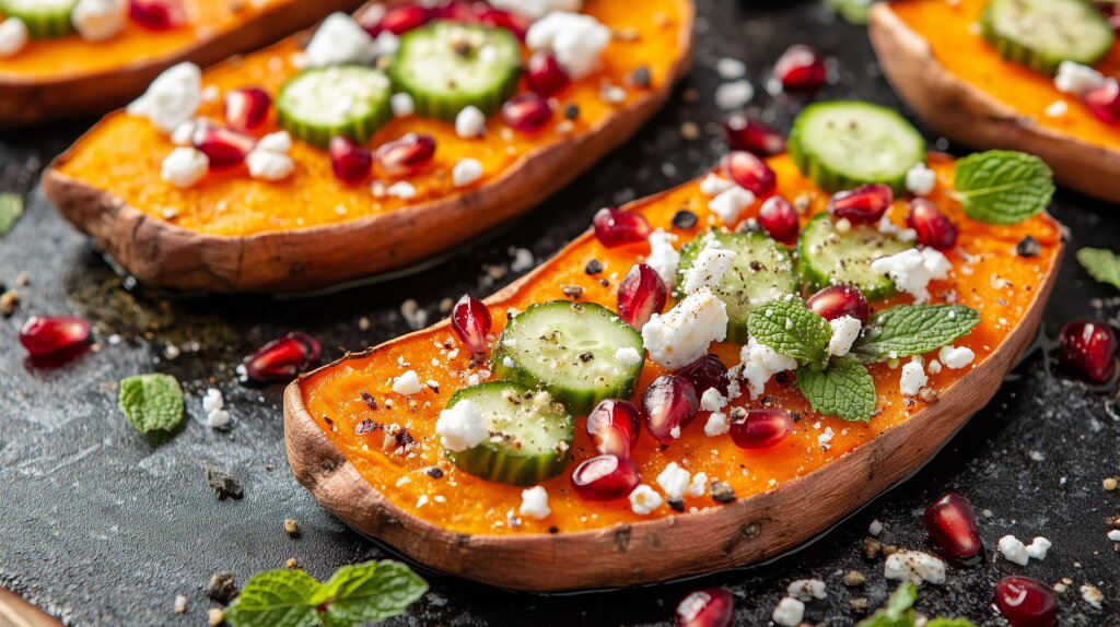 Süßkartoffelscheiben mit Feta, Gurken und Granatapfelkernen