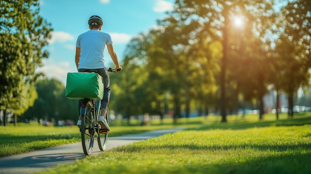 Lieferdienst auf dem Fahrrad und grüner Tasche